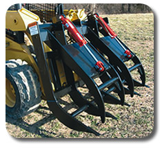 Skid steer Split-Top Grapple Rake attachment.